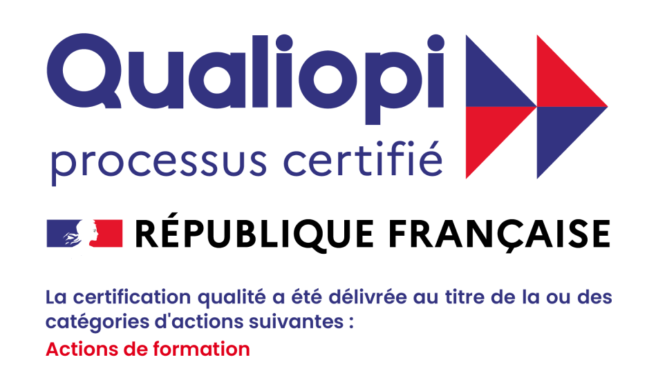 Représente le logo de la société Qualiopi, processus certifié.
          En dessous est présent le logo de la République Française. La certification qualité a été délivrée
          au titre de la ou les catégories d'actions suivantes : actions de formation